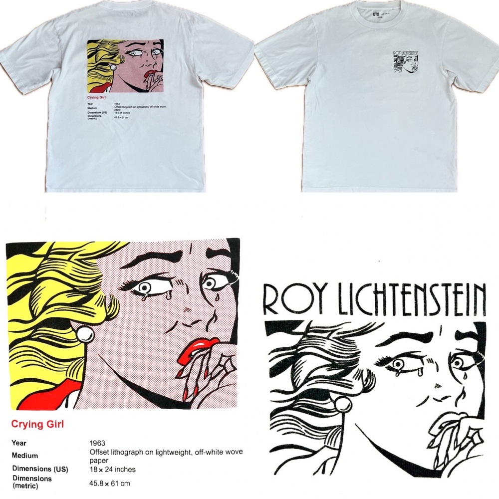 💋Crying Girl Pop Art by Roy Lichtenstein 1963 Lithograph Uniqlo White Tee Small